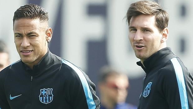 Neymar y Messi, en el entrenamiento del Barcelona