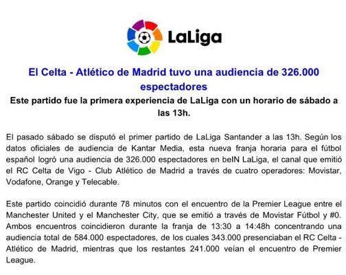 Comunicado de La Liga sobre la audiencia del Celta-Atlético de Madrid