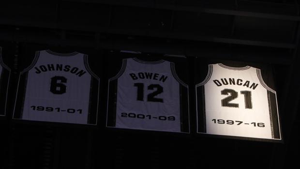 El dorsal 21 de Tim Duncan, junto a otros números retirados por los Spurs