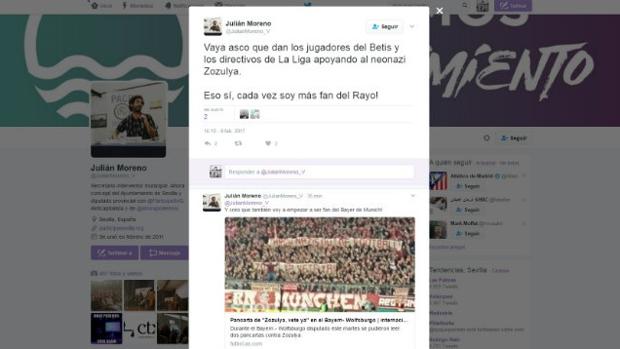 El mensaje en Twitter de Julián Moreno, concejal de Podemos en el Ayuntamiento de Sevilla