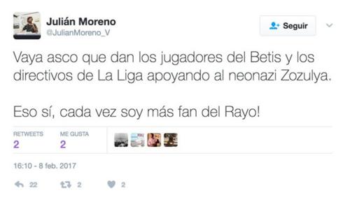 Julián Moreno, concejal de Podemos en Sevilla, arremete con la plantilla del Betis por apoyar a Zozulya