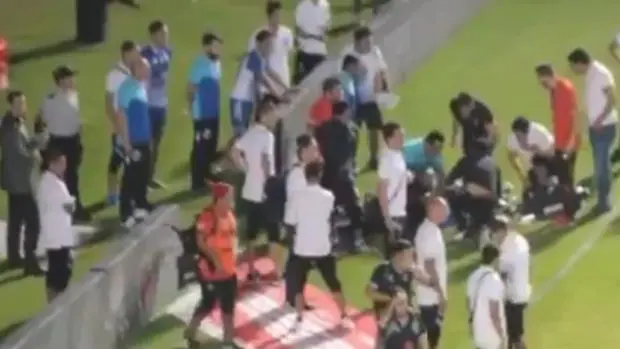 Aníbal Ruiz, atendido sobre el césped del estadio del Puebla mexicano tras sufrir el infarto