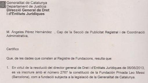 Pero la Generalitat certifica que no fue registrada hasta junio de 2013