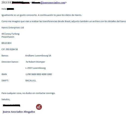 Mail en el que los abogados de Messi dan instrucciones para pagar a nombre de una sociedfad pantalla