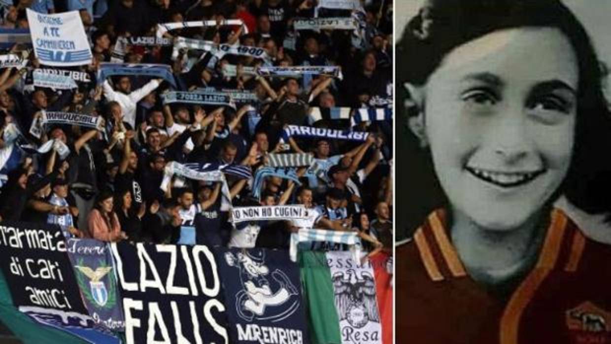 Hinchasdel Lazio en un partido de Europa League y la pegatina con la imagen de Anna Frank