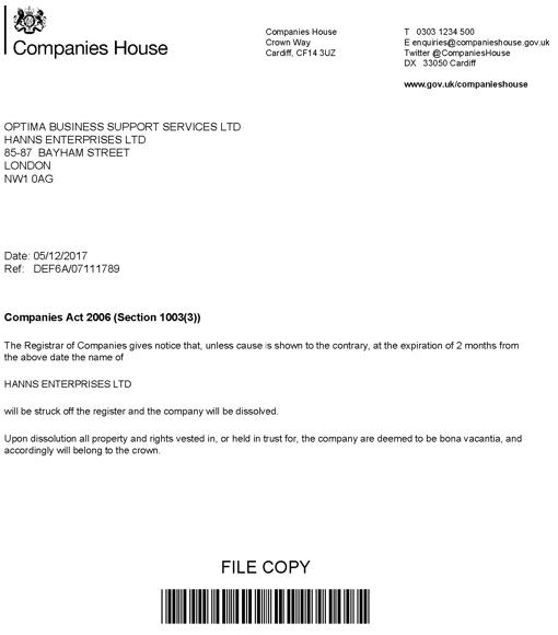 Documento oficial de la petición de cese de Hanns Enterpirses, fechado el pasado 5 de diciembre