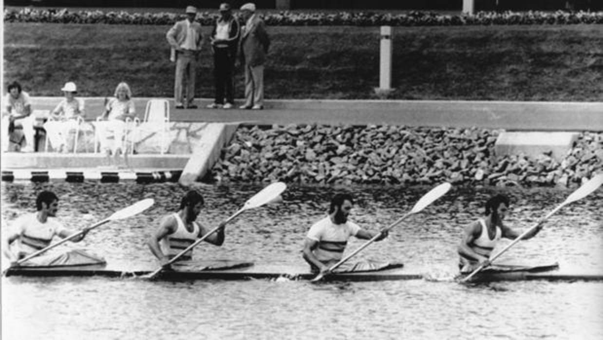 El equipo español de K4 1.000, durante los Juegos de Montreal 76