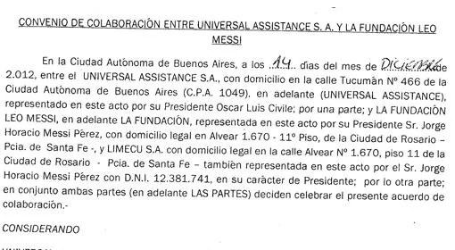 Contrato que la ONG de Messi y su empresa Limecu firmaron con la aseguradora Universal Assistance
