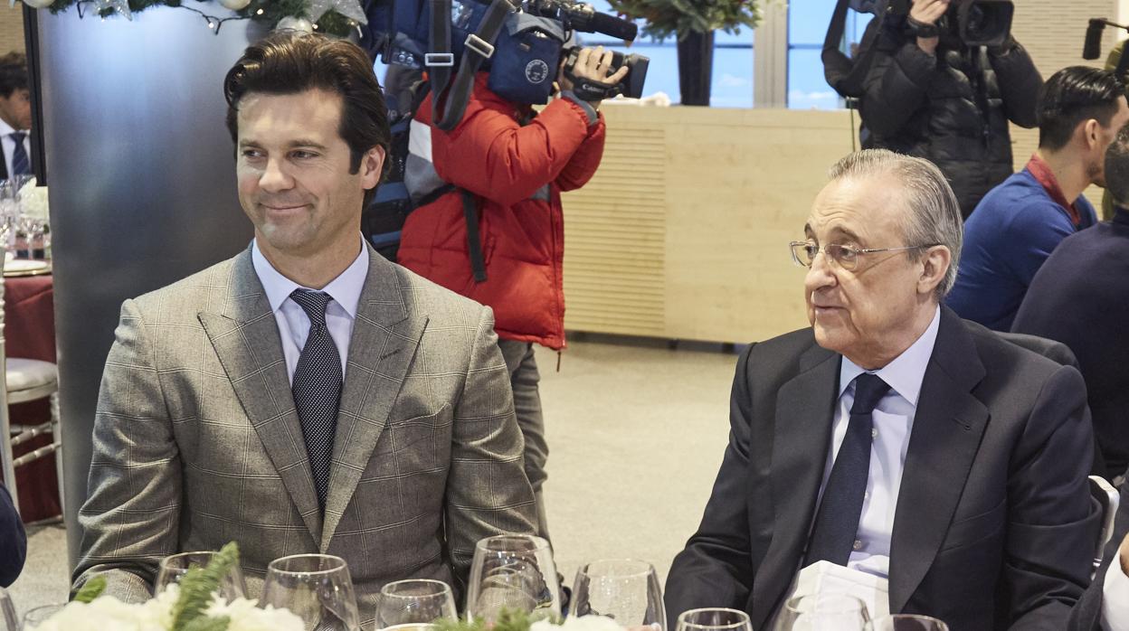 Solari y Florentino Pérez, en diciembre de 2018, en la comida de Navidad del Real Madrid