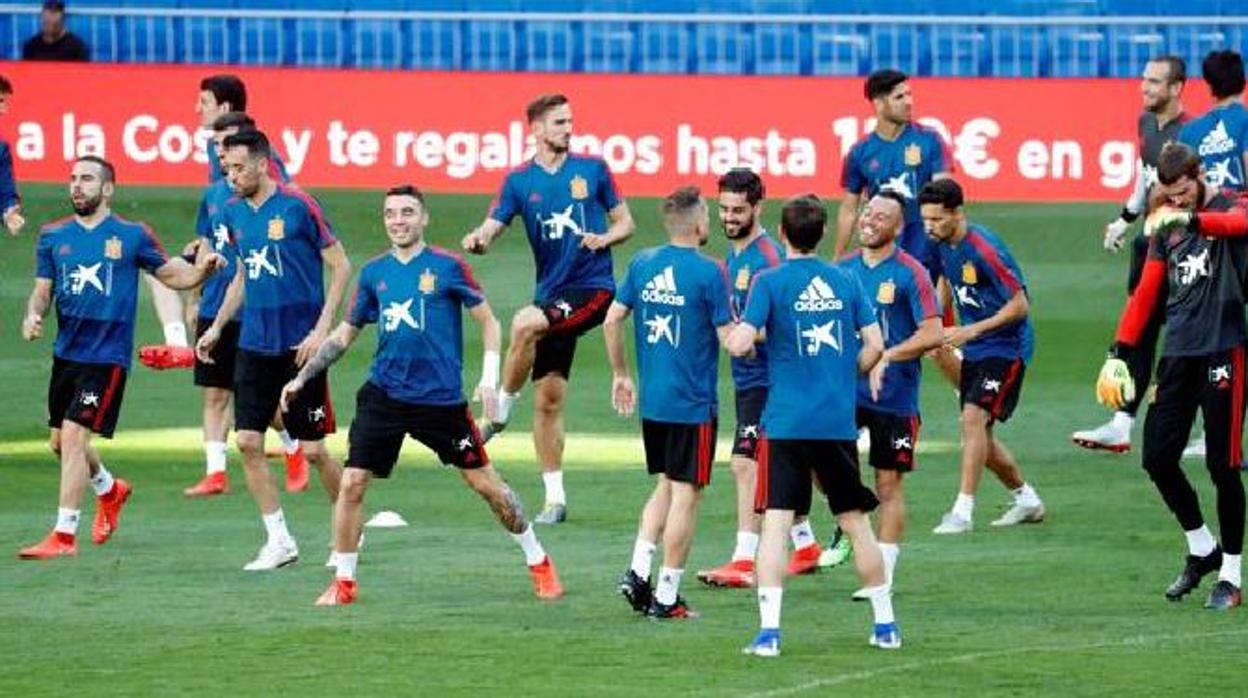 La selección española durante un entrenamiento