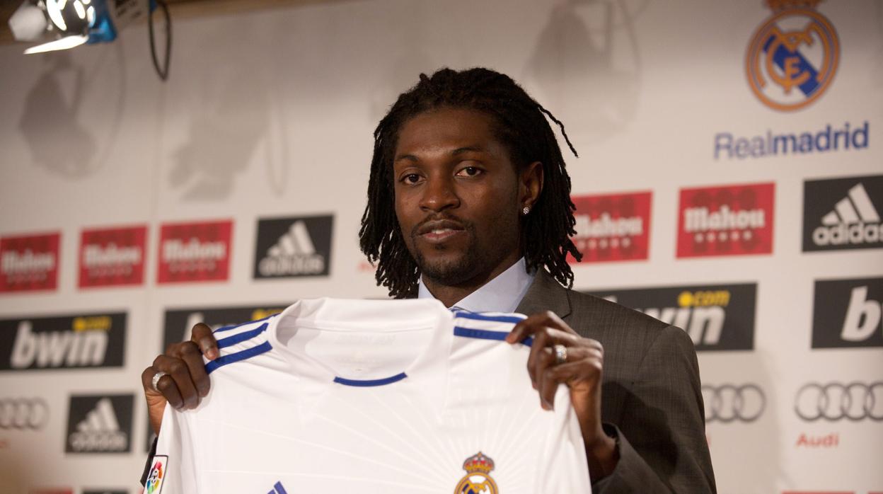 Adebayor, en su presentacion con el Real Madrid