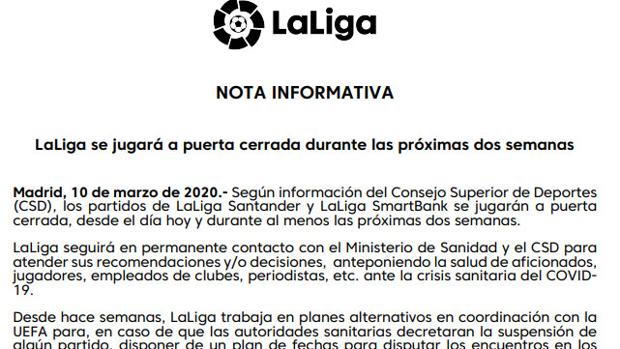 El comunicado de LaLiga sobre los partidos a puerta cerrada por el coronavirus