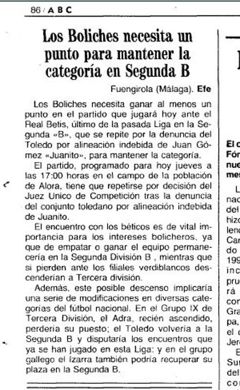 Noticia en ABC de la previa partido del 10 de octubre de 1991 entre Los Boliches y Betis B