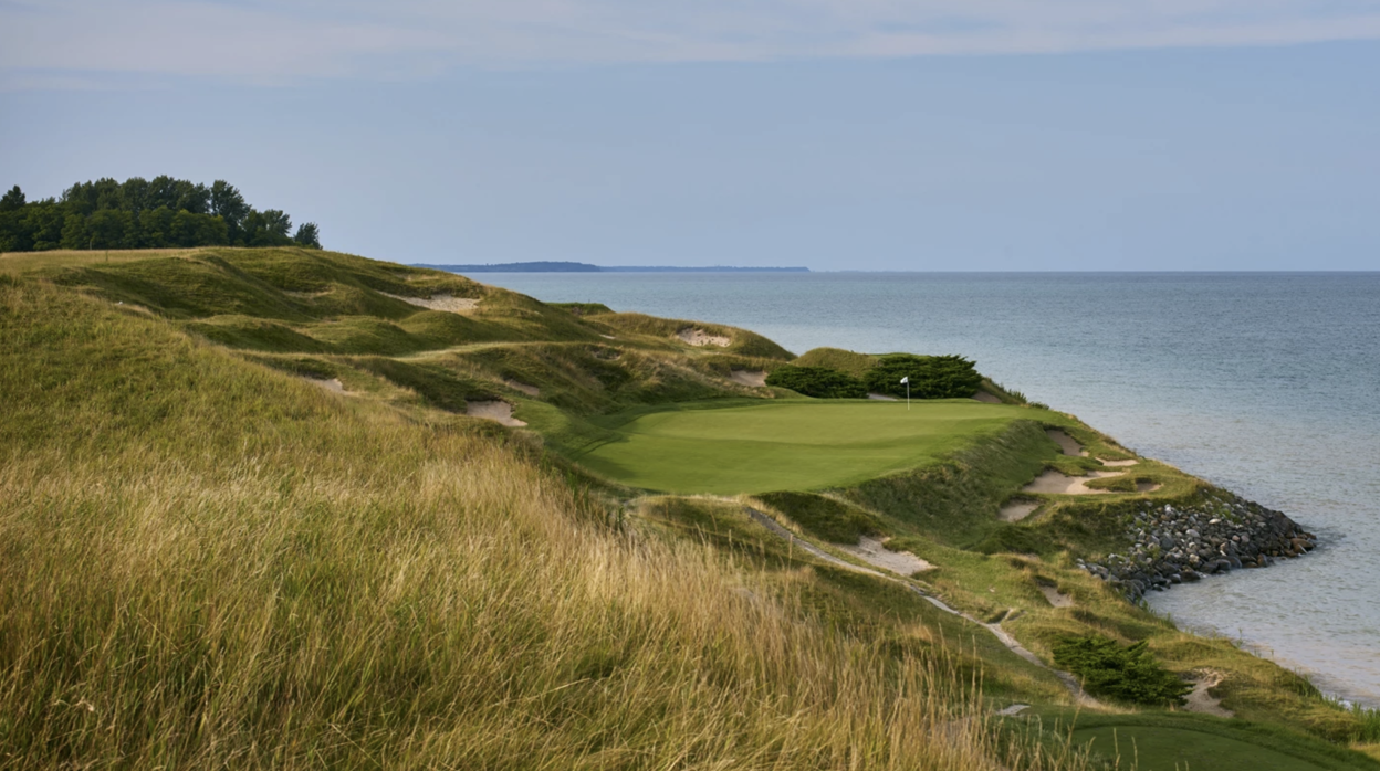 El imponente hoyo 7 de Whiisting Straits bordea el lago Michigan, en Wisconsing