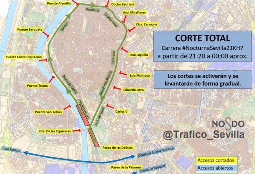 Estos son los cortes de tráfico por la Carrera Nocturna Sevilla 2021