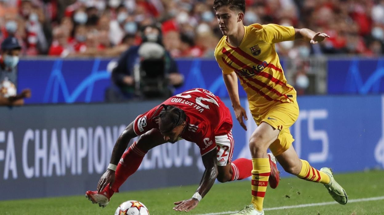 Gavi, ayer, en el partido del Barcelona ante el Benfica en la Champions