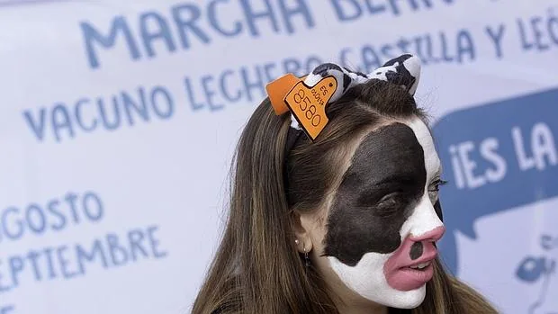 Una joven durante la protesta llevada a cabo por las organizaciones agrarias de Castilla y León, frente a las Cortes regionales para denunciar la crisis que atraviesa el sector lácteo