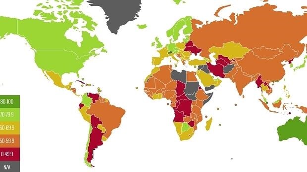 Mapa de los países según el ranking