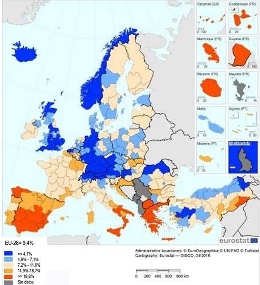 Seis regiones españolas y cuatro griegas copan los diez primeros puestos de la UE con mayor tasa de paro