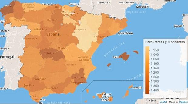 Distribución del gasto medio en carburante por provincias