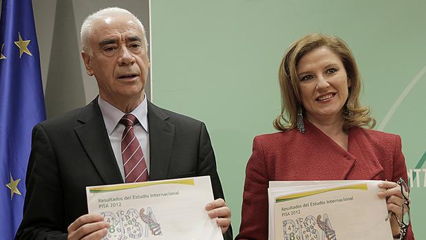 El exconsejero Luciano Alonso y su número dos, Elia Rosa Maldonado, muestran el informe PISA de 2013