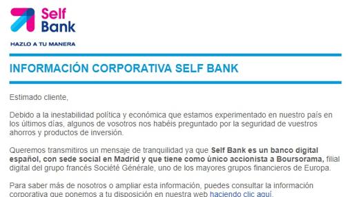 Correo electrónico enviado por Self Bank a sus clientes