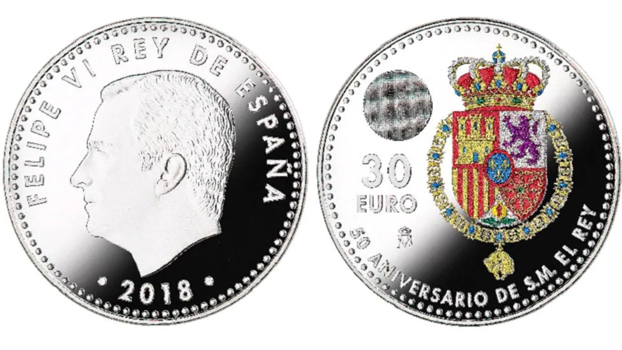 Una moneda de colores de 30 euros para conmemorar el 50 aniversario del Rey Felipe VI