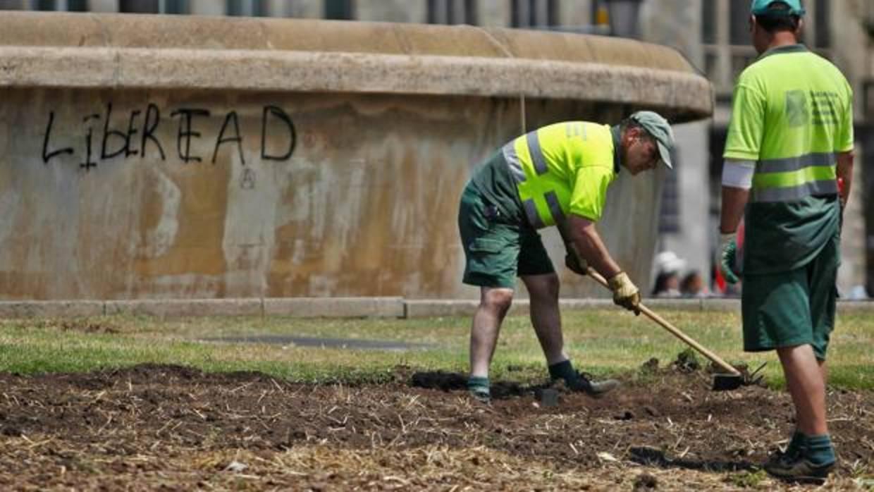 Jardineros en una plaza de Barcelona