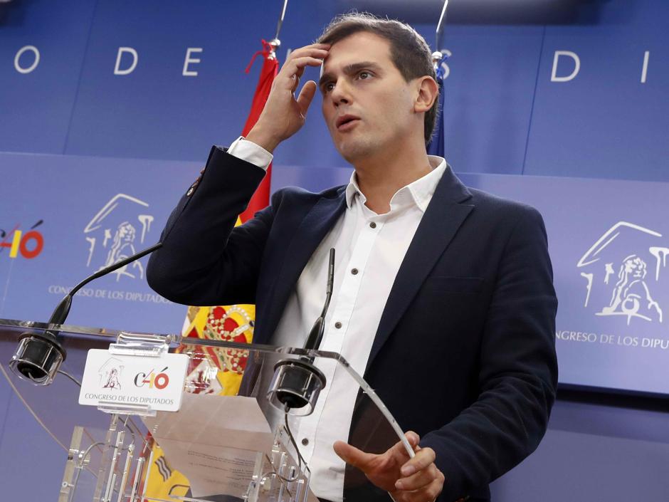 El presidente de Ciudadanos, Albert Rivera, este miércoles en la sala de prensa del Congreso