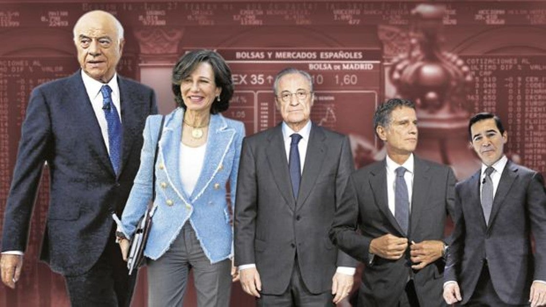 De mayor a menor, los planes de pensiones más altos: Francisco González (BBVA: 79,7 millones), Ana Botín (Santander: 46,09), Florentino Pérez (ACS: 41,05), Jaime Guardiola (Banco Sabadell: 22,47) y Carlos Torres (BBVA: 18,58)