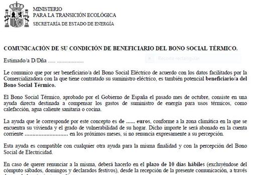 Modelo de carta del Ministerio de Transición Ecológica a los beneficiarios