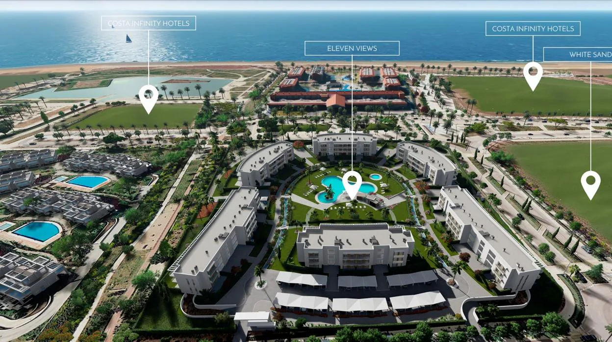Las cuatro parcelas de Grupo Soluciones en las que el Grupo Soluciones construirá dos hoteles y dos urbanizaciones (en la imagen recreación virtual de una de ellas)