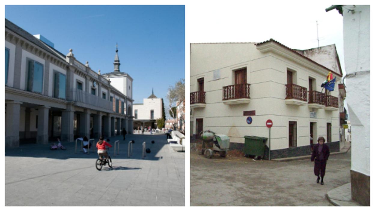 Las plazas de los ayuntamientos de Pozuelo de Alarcón (i) y Zahínos (d)