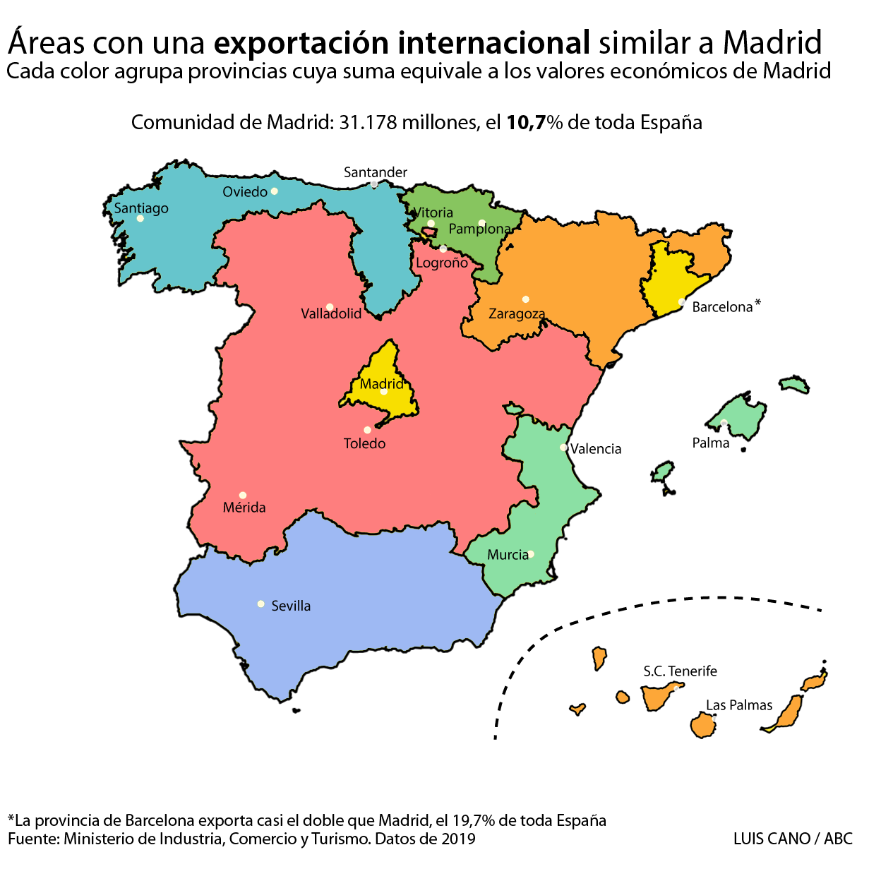 Así sería España dividida en áreas equivalentes al peso económico de Madrid