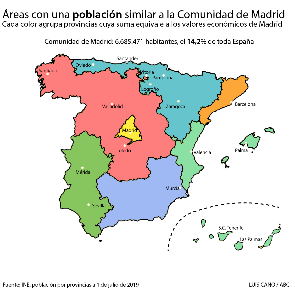 Así sería España dividida en áreas equivalentes al peso económico de Madrid