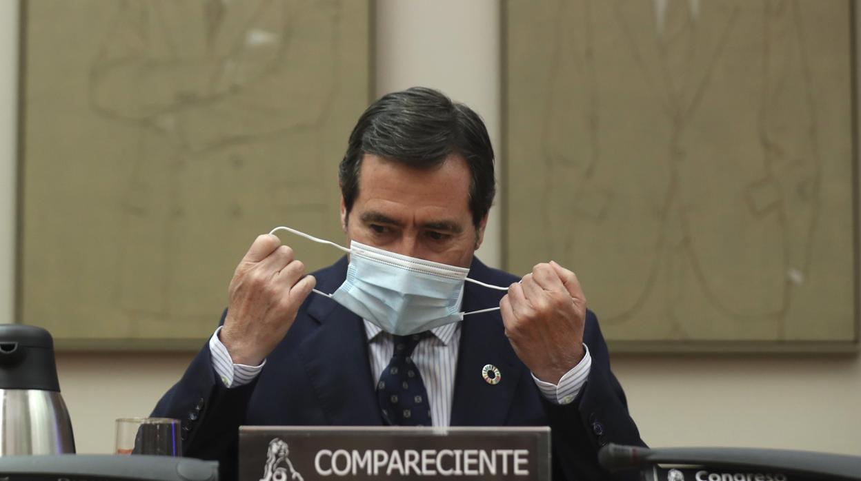 El presidente de la CEOE, Antonio Garamendi, en su reciente comparecencia en el Congreso