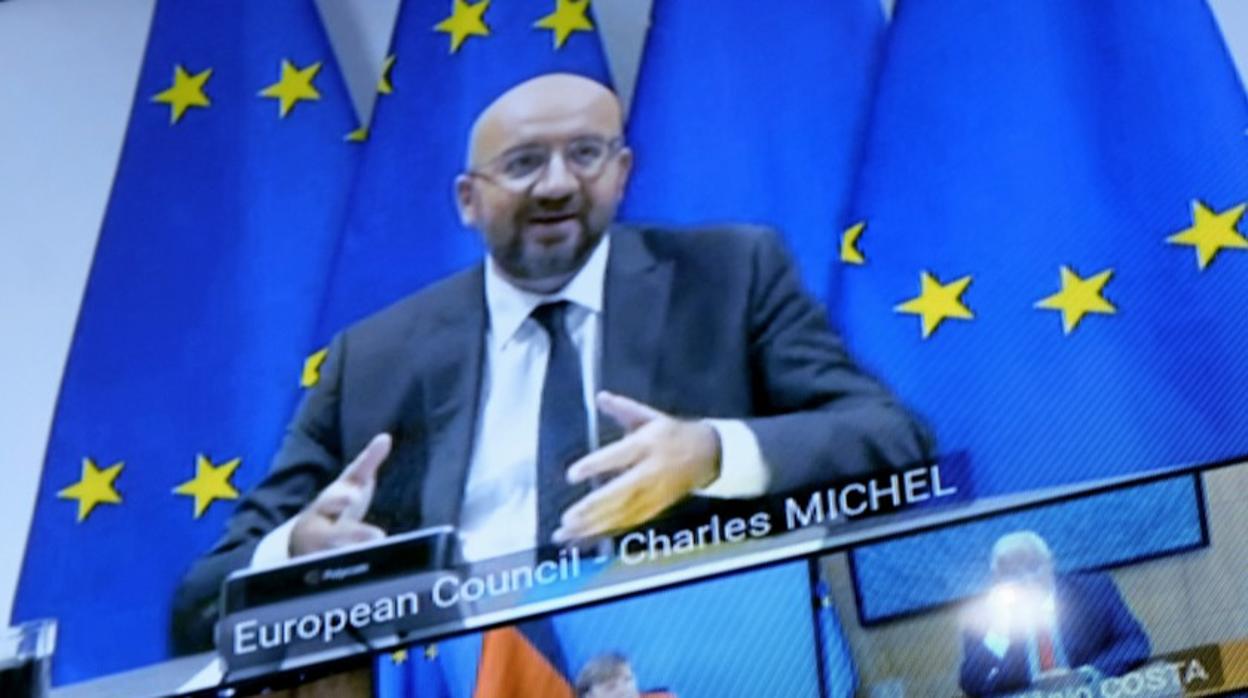 El presidente del Consejo Europeo, Charles Michel, habla desde Bruselas durante la cumbre