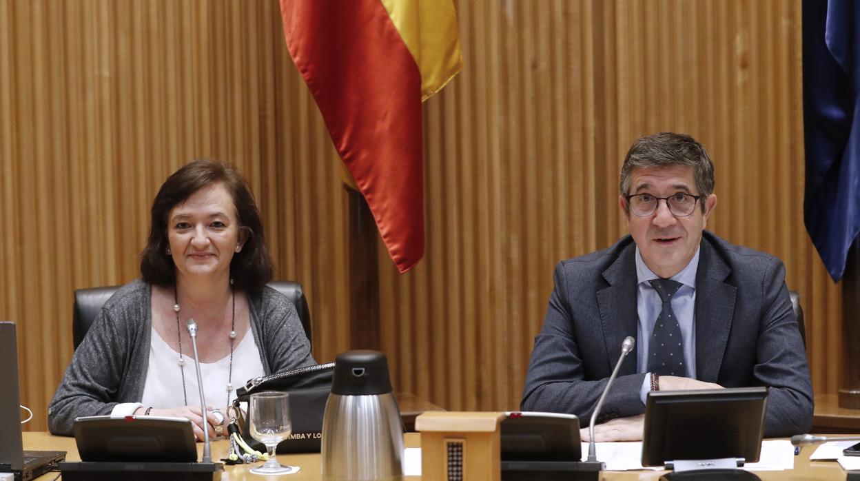 La presidenta de la Autoridad Fiscal, Cristina Herrero, junto al presidente de la Comisión para la Reconstrucción del Congreso de los Diputados, el socialista Patxi López