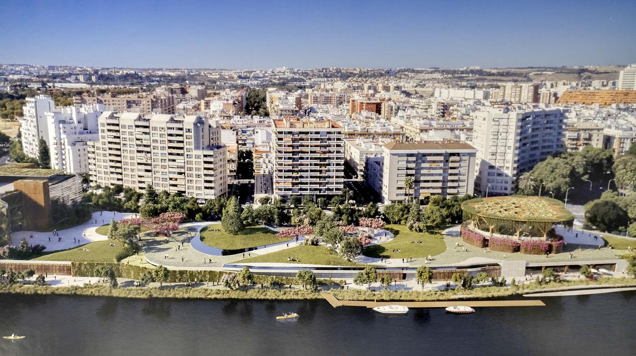 Recreación virtual del proyecto del Jardín de las Cigarreras, que incluye el edificio de la Cámara de Comercio (a la izquierda), un parking, un jardín y un restaurante mirador (a la derecha)