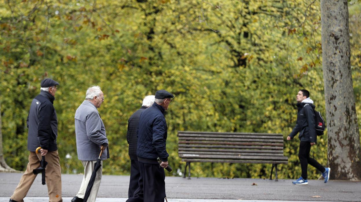 Un grupo de personas mayores pasean por un parque en Bilbao