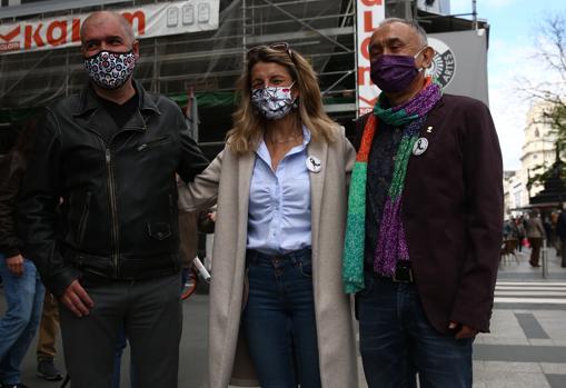 Unai Sordo, Yolanda Díaz y Pepe Álvarez