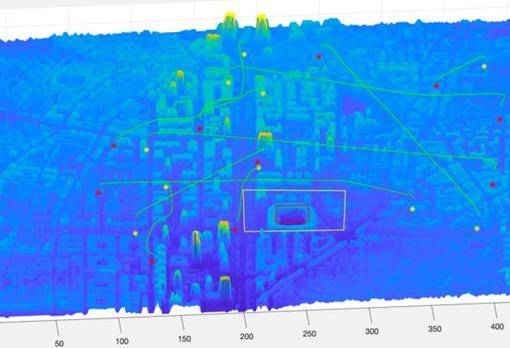 Simulación de vuelo de 10 UAVs coordinados, siguiendo las rutas planificadas sobre un mapa en 3D de un entorno complejo, como una ciudad