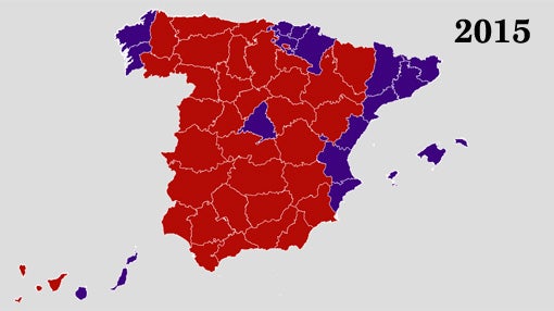 En rojo, provincias donde el PSOE superó a Podemos; en morado, al contrario