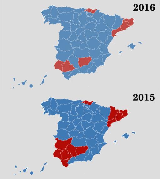 En rojo, provincias donde el PSOE superó al PP; en azul, al contrario