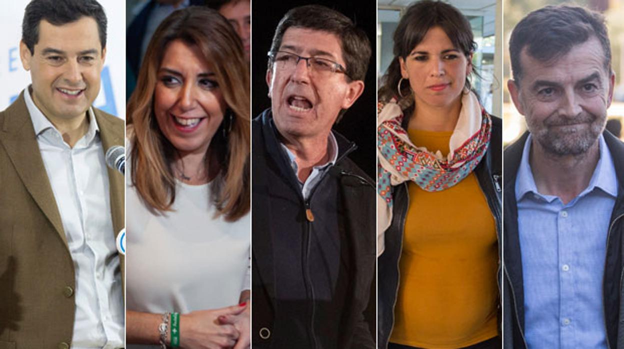 Juanma Moreno (PP), Susana Díaz (PSOE), Juan Marín (Cs), Teresa Rodríguez y Antonio Maíllo (Adelante Andalucía)