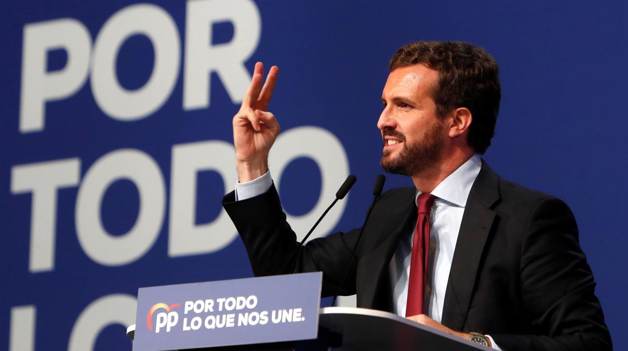 El presidente del PP, Pablo Casado, en el acto de Zaragoza