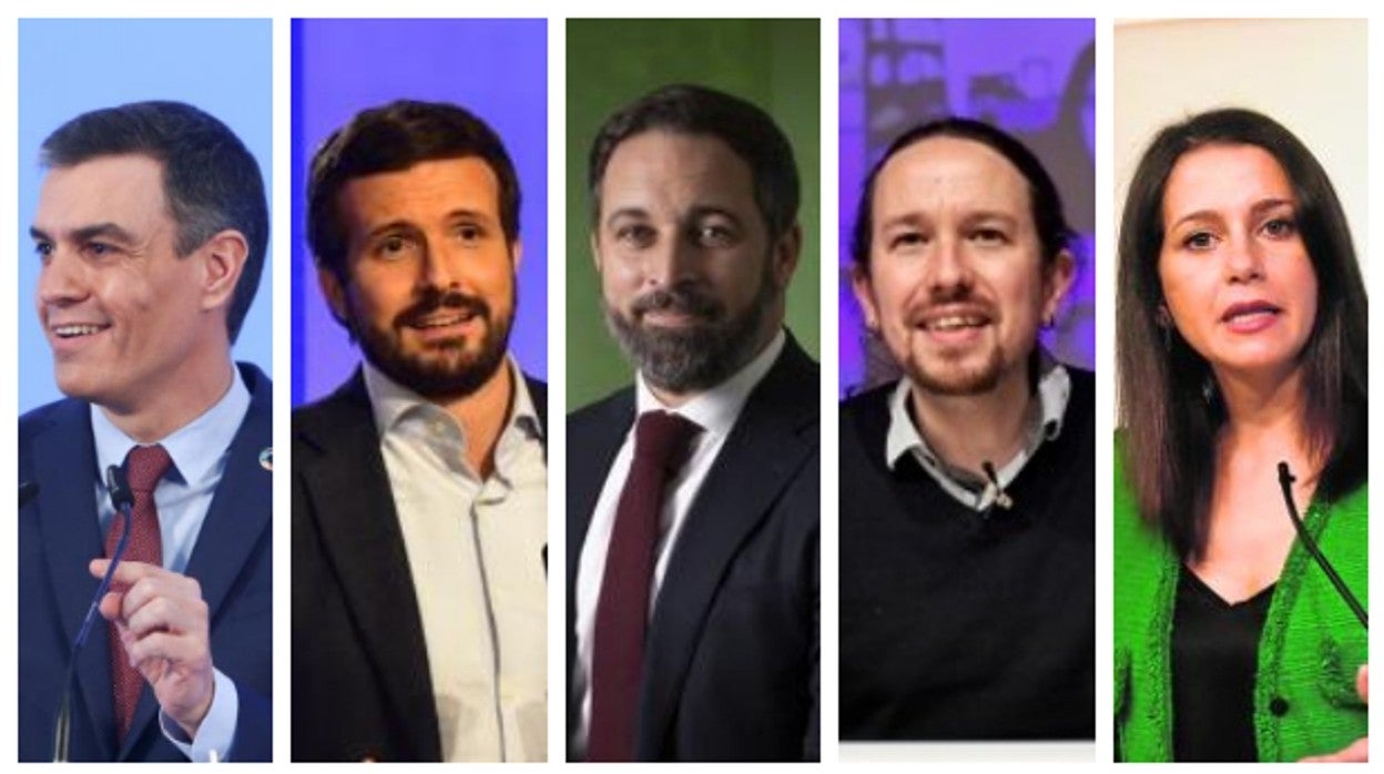 Los líderes de los cinco principales partidos nacionales: Pedro Sánchez (PSOE), Pablo Casado (PP), Santiago Abascal (Vox), Pablo Iglesias (Podemos) e Inés Arrimadas (Ciudadanos)