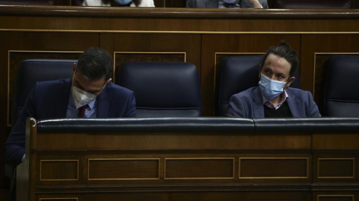 El presidente del Gobierno, Pedro Sánchez, y el vicepresidente segundo, Pablo Iglesias, en sus escaños del Congreso de los diputados