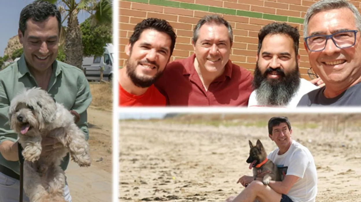 Juanma Moreno con su perro, Toby; Juan Espadas con unos amigos y Juan Marín con su perra Ira en la jornada de reflexión