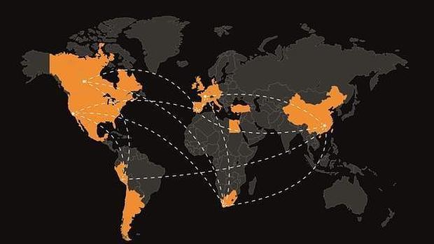 Imagen del mapa de distribución mundial de la mandarina Tango